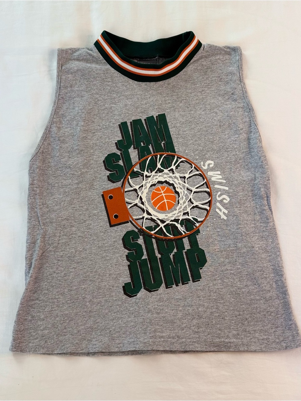 Vintage Kids Grey 'Jam Slam Stuff Jump' Basketball Tank Top - Green/OrangeDetail
